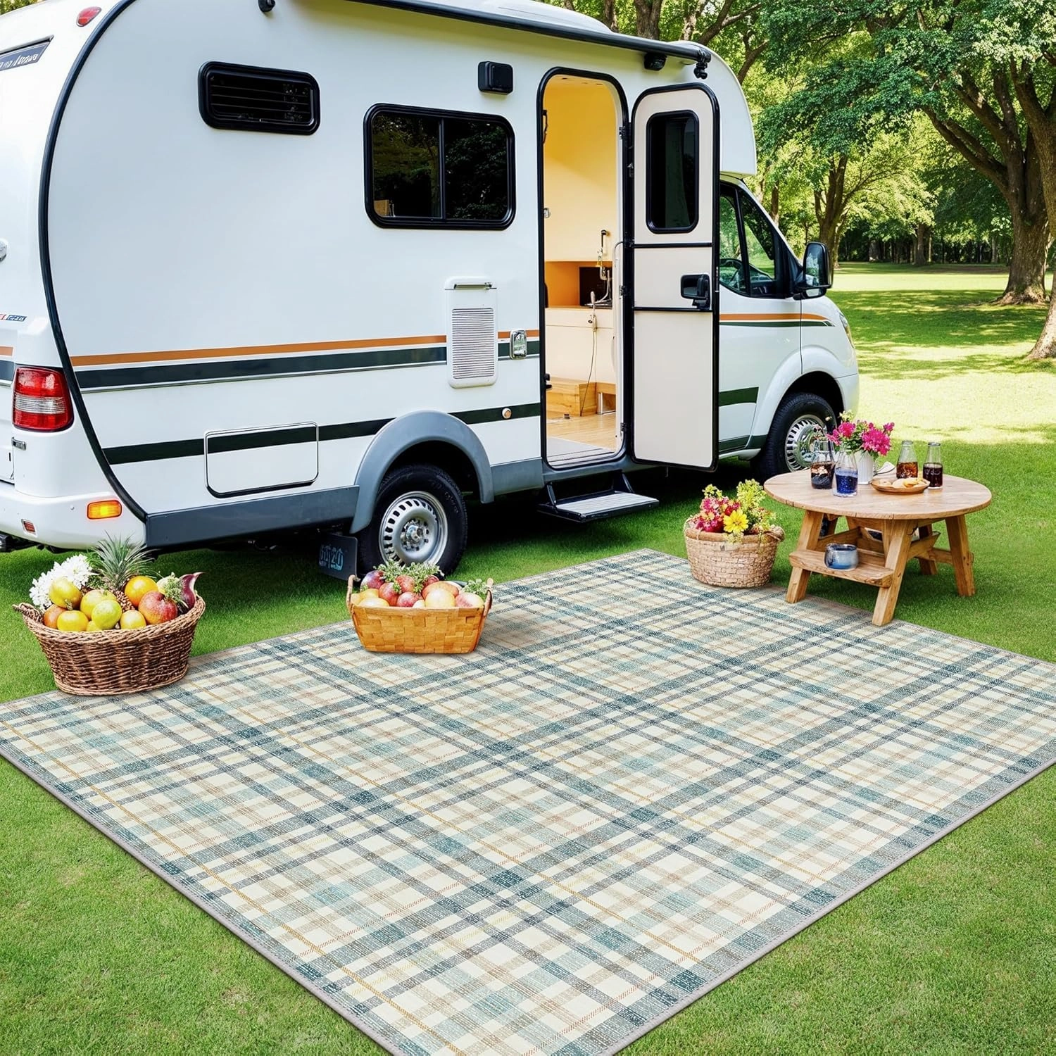 GENIMO Indoor Outdoor Area Rug 5'x7', Waterproof Geometric Outside Carpet, Non Shedding, Easy Cleaning, Camping Mat for Living Room, Patio, Balcony, Bedroom, Deck, Dining Room, RV, Blue & Beige