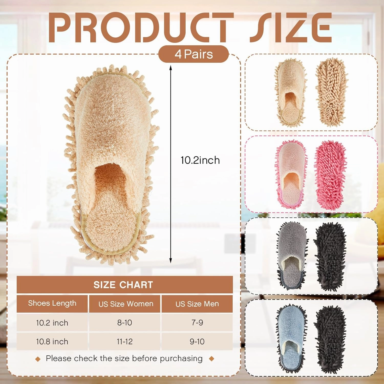 Gerrii 4 Pair Microfiber Cleaning Mop Slippers - Washable House Mop Slippers for Men and Women, Detachable Design, Ideal for Kitchen Floor Dust Cleaning, Includes Blue, Gray, Pink, Beige