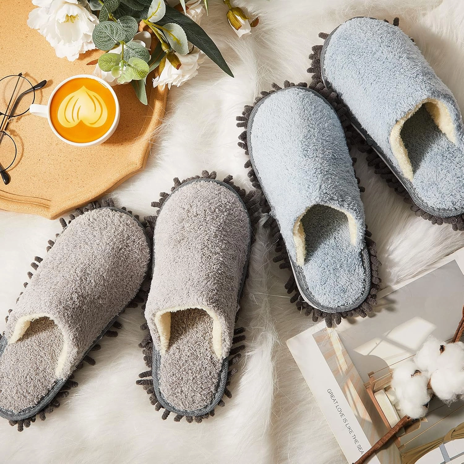 Gerrii 4 Pair Microfiber Cleaning Mop Slippers - Washable House Mop Slippers for Men and Women, Detachable Design, Ideal for Kitchen Floor Dust Cleaning, Includes Blue, Gray, Pink, Beige