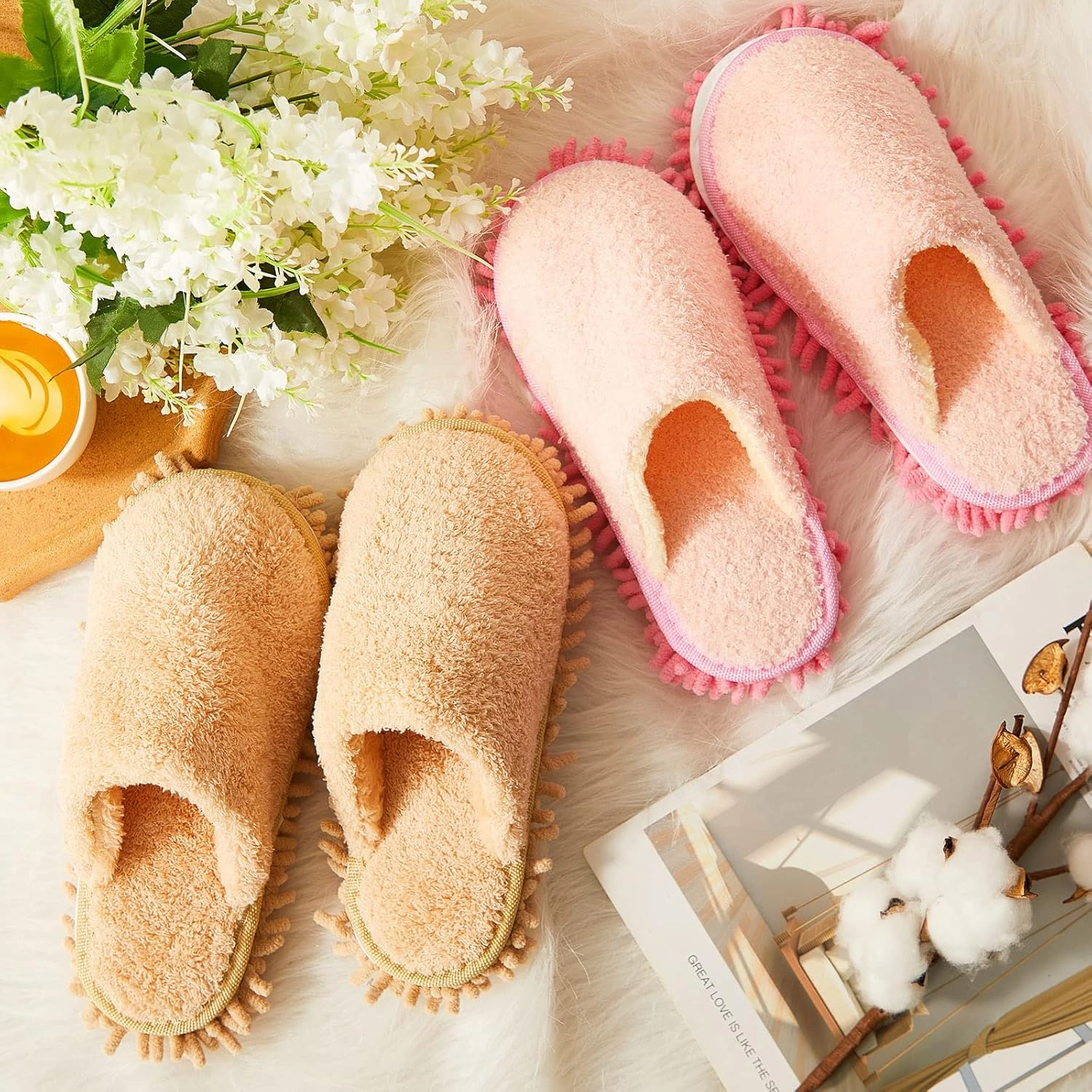 Gerrii 4 Pair Microfiber Cleaning Mop Slippers - Washable House Mop Slippers for Men and Women, Detachable Design, Ideal for Kitchen Floor Dust Cleaning, Includes Blue, Gray, Pink, Beige