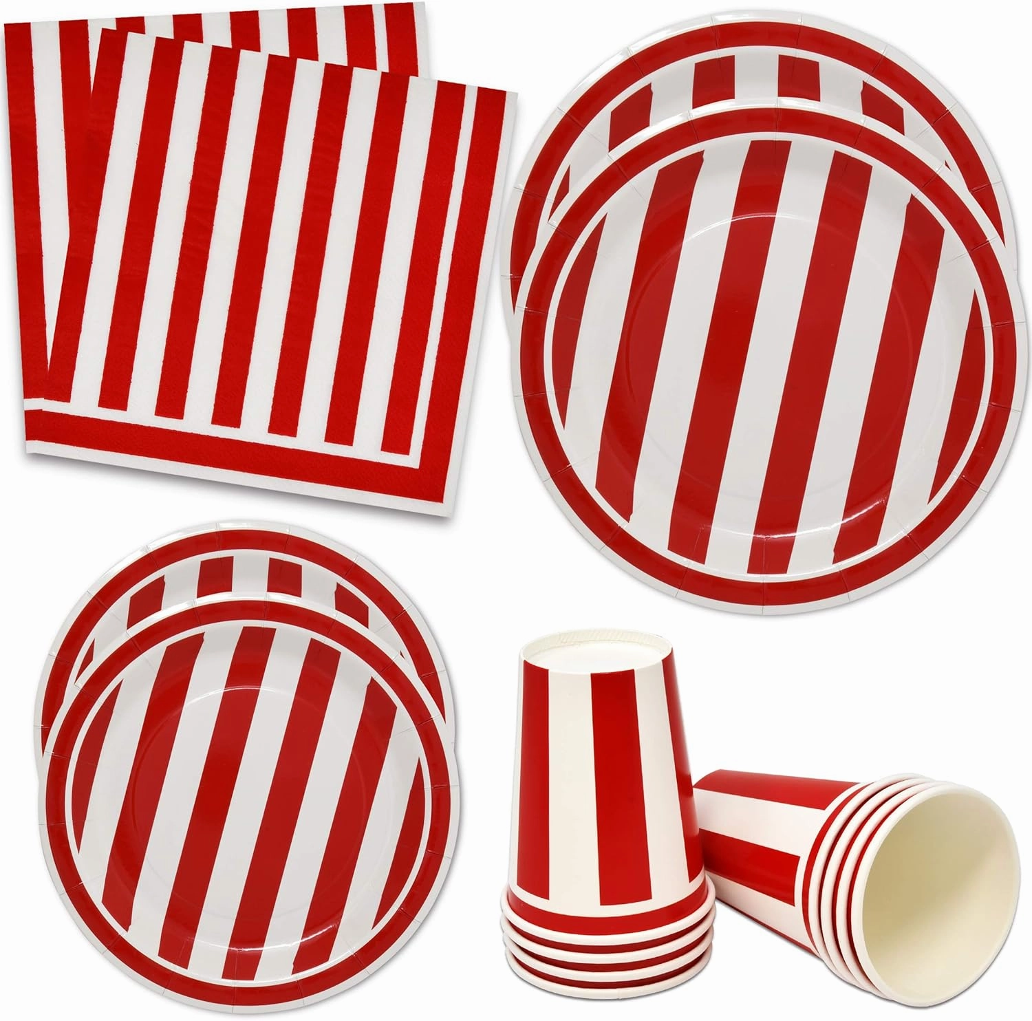Gift Boutique 120 Pcs Red & White Stripes Party Supplies Set Paper Plate Cup Napkin for Carnival Picnic Barbecue Circus BBQ Birthday Disposable Dinnerware Serves 30