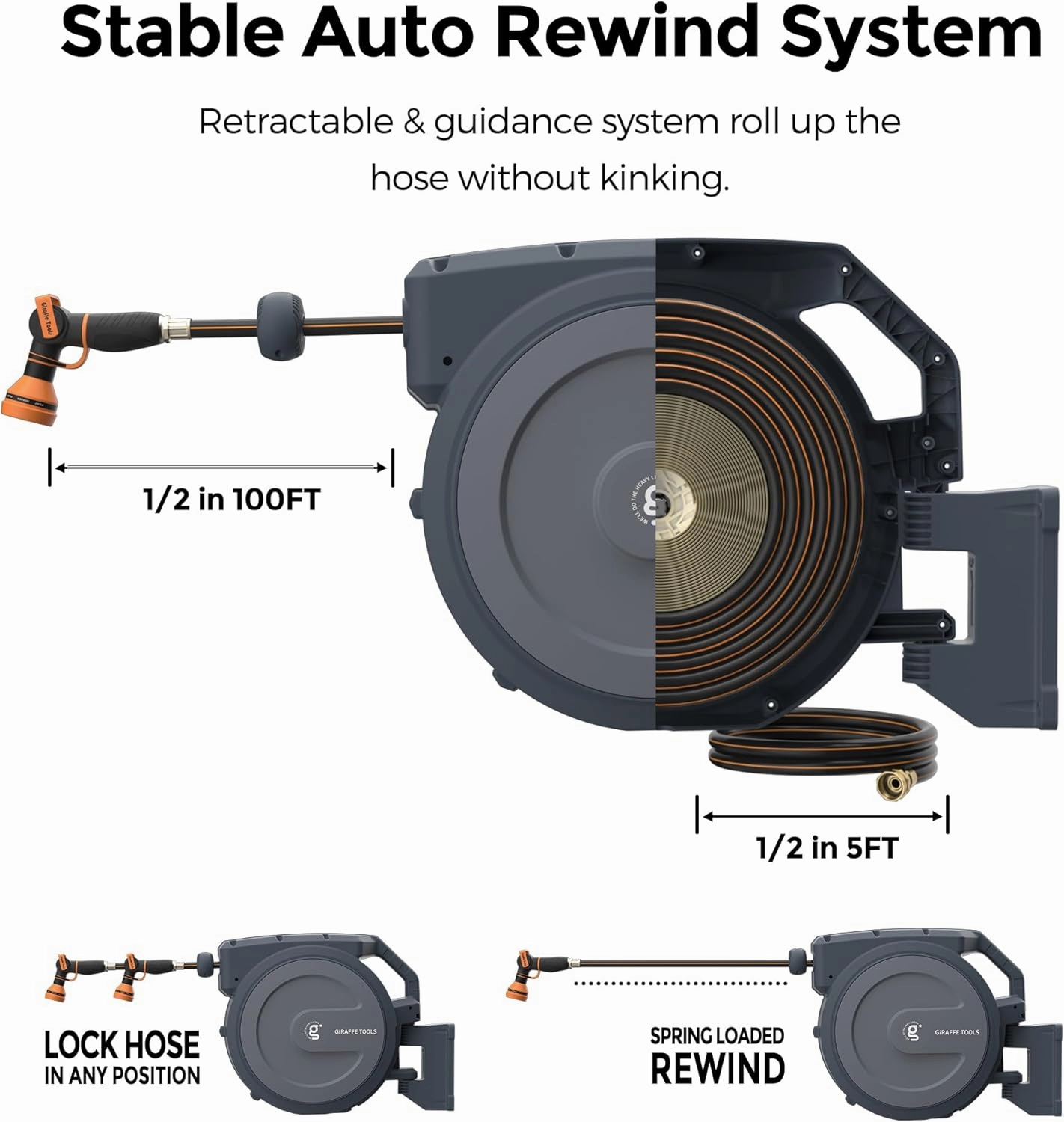 Giraffe Tools AW30 1/2MB Retractable Garden Hose Reel 1/2" x 100 ft PRO Metal Bracket, Heavy Duty, Any Length Lock Hose Reel, 100 ft, Dark Grey