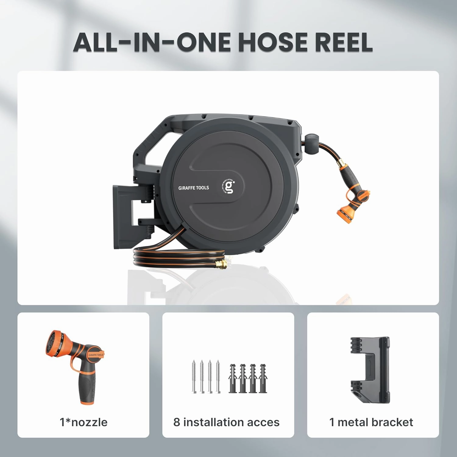Giraffe Tools PRO Heavy Duty Retractable Garden Hose Reel - 78ft 1/2 Inch Auto Rewind with Any-Length Lock, Wall Mounted Metal Bracket, Commercial Grade for Patio & Lawn (Dark Grey)