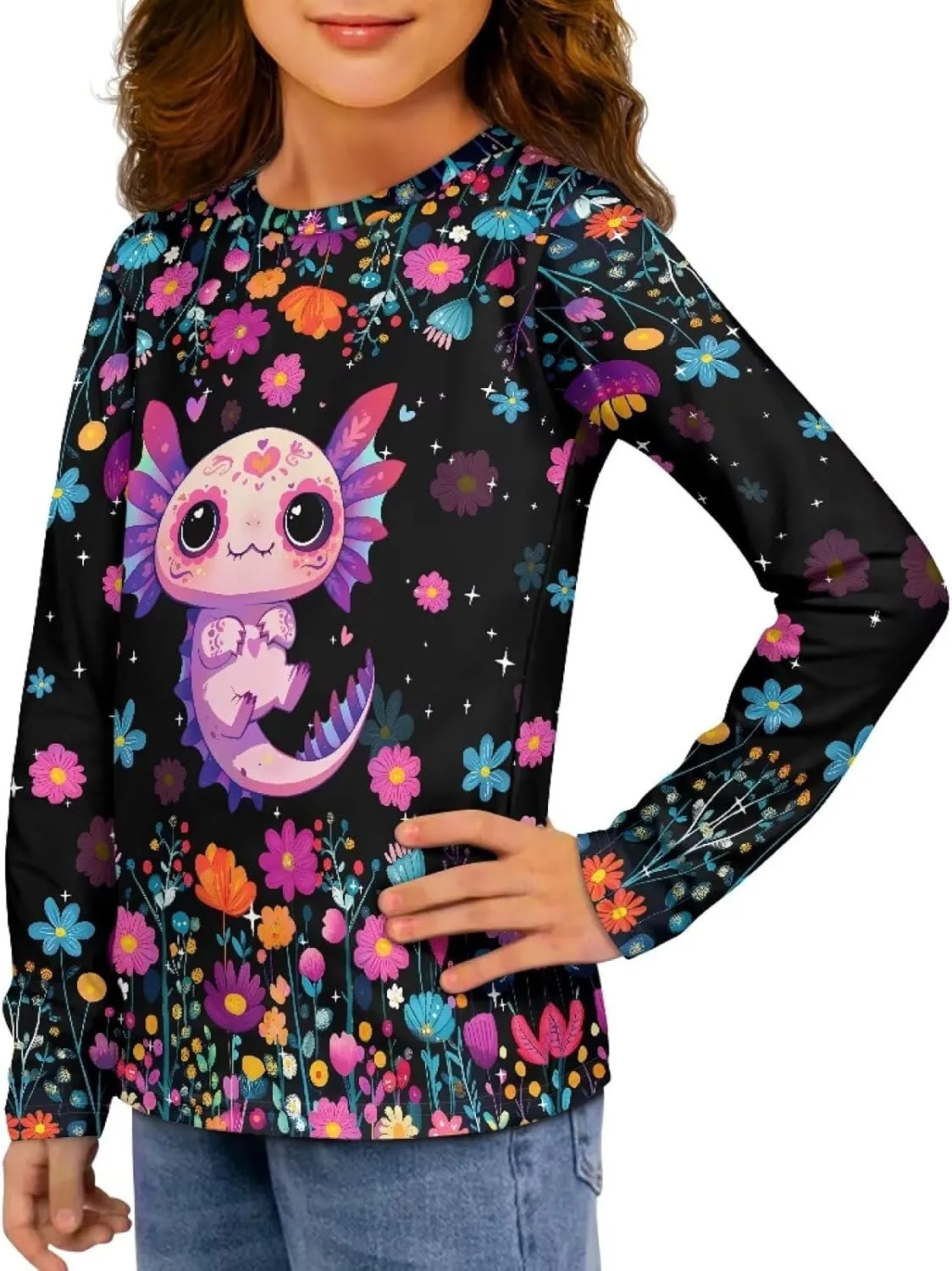 Girls Long Sleeve Shirt with Cute Graphic Casual Pullover Tops 3-16Y