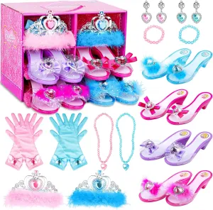 Girls Princess Dress Up Shoes and Jewelry Boutique DISHIO Upgraded Princess Shoes and Accessories with 4 Pair of Princess Play Shoes and Jewelry Set for Toddlers Little Girls Aged 3 4 5 6