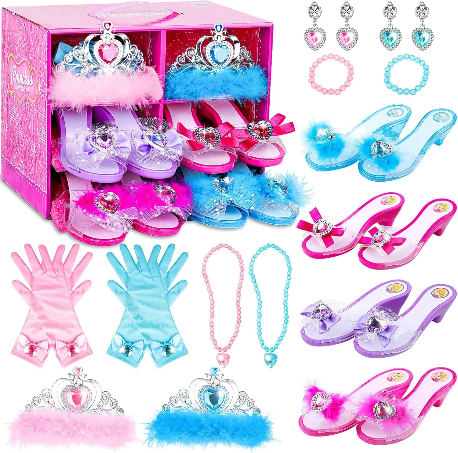 Girls Princess Dress Up Shoes and Jewelry Boutique DISHIO Upgraded Princess Shoes and Accessories with 4 Pair of Princess Play Shoes and Jewelry Set for Toddlers Little Girls Aged 3 4 5 6