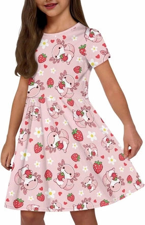Girls Short Sleeve Dresses Casual Twirly Skater Dress with Pockets for 3-14 Years Old