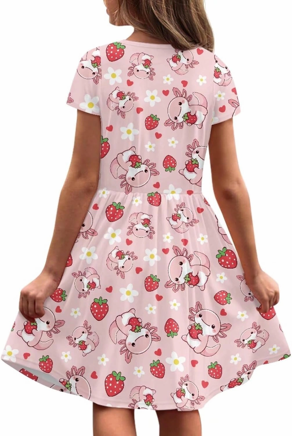 Girls Short Sleeve Dresses Casual Twirly Skater Dress with Pockets for 3-14 Years Old