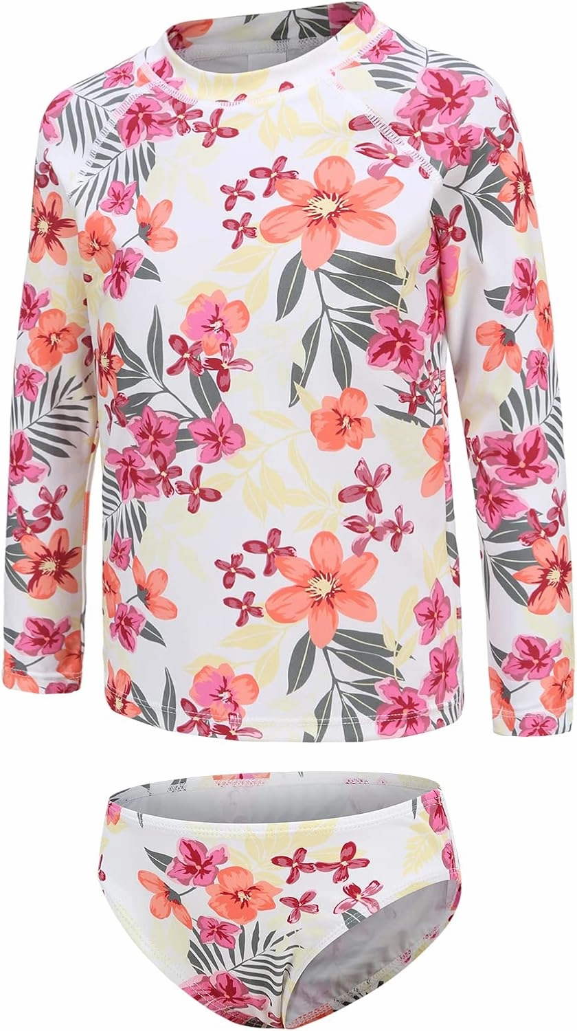 Girls Two Piece Rash Guard Swimsuits Set Long Sleeve Bathing Suit with UPF 50  Sun Protection Kids Sunsuits Swimwear Set