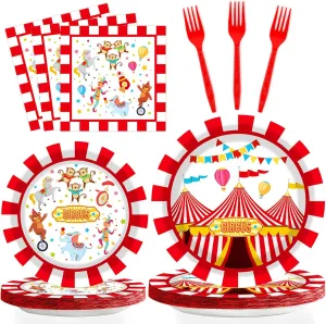 gisgfim 96 Pcs Circus Party Supplies Paper Plates Napkins Carnival Party Disposable Tableware Set Birthday Decorations Favors for Kids Baby Shower Circus Decor Serves 24