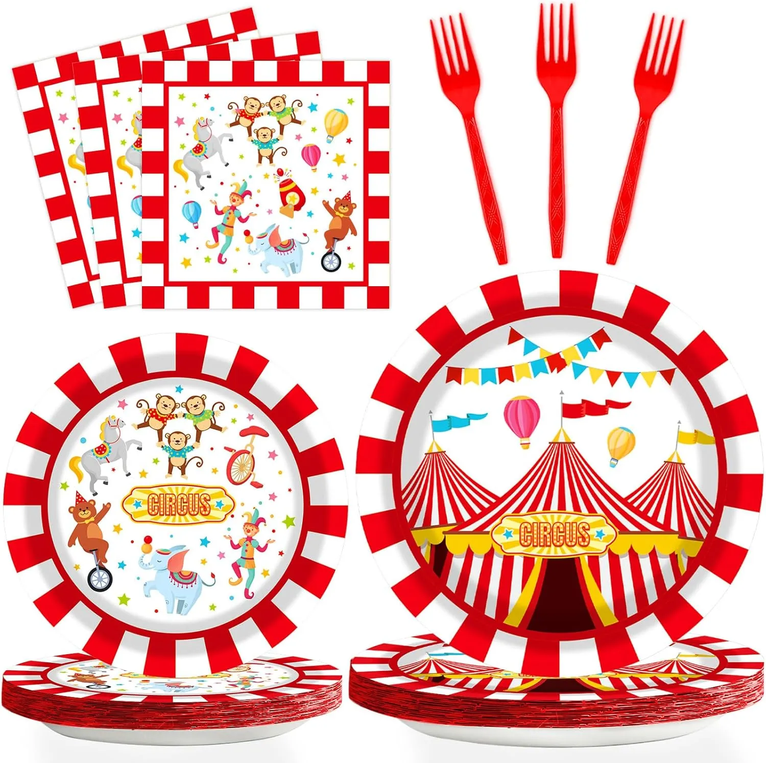 gisgfim 96 Pcs Circus Party Supplies Paper Plates Napkins Carnival Party Disposable Tableware Set Birthday Decorations Favors for Kids Baby Shower Circus Decor Serves 24