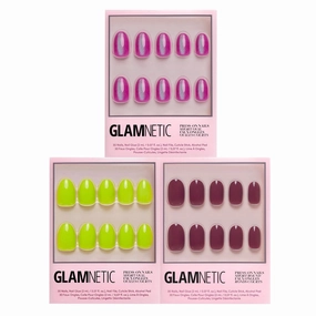 Glamnetic Press-On Nails Bundle - Lime Green, Berry Maroon & Berry Fizz | Bright Neon Green Short Oval Fake Nails | Dark Red Maroon Short Round False Nails | Short Oval Magenta Cat-Eye Nails