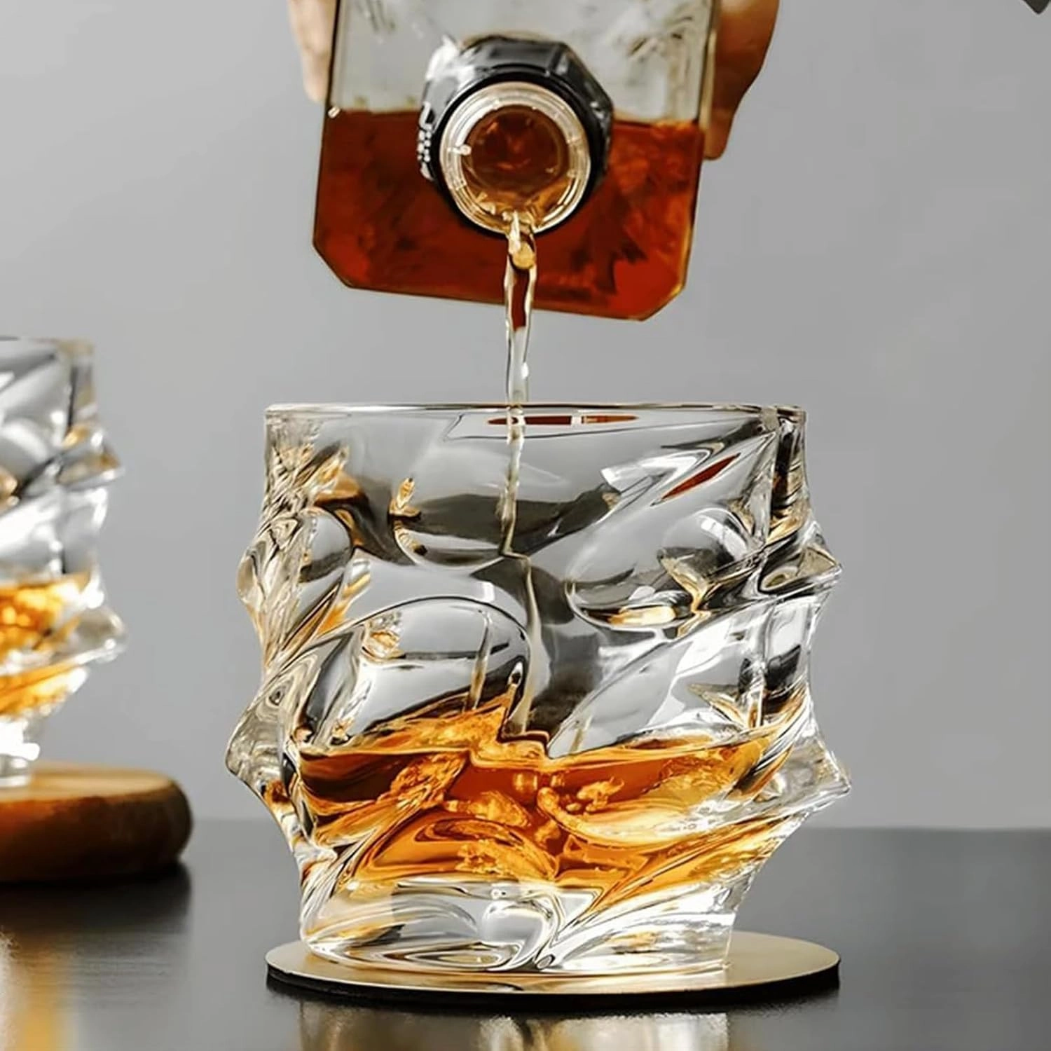 Glass Whiskey Glasses, Japanese Crystal Whisky Glass, Heavy Thick Bottom Bar Glasses, Unique Cognac Glasses for Scotch Bourbon Rum Gin Water Cocktail, Wine Glass Set (2PACK)