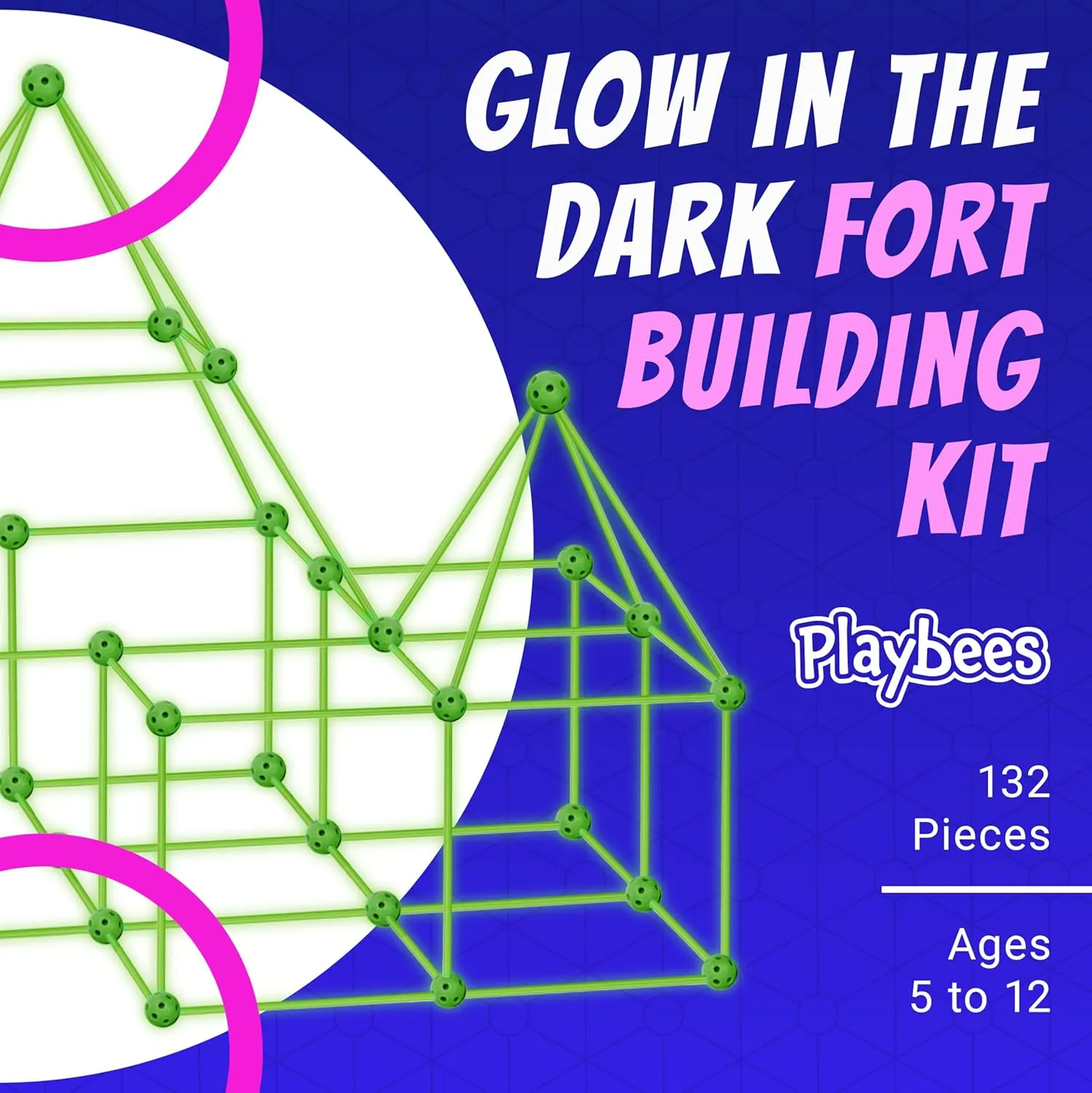 Glow in The Dark Fort Building Kit with Rods and Connectors - 132 Pieces - Glow in The Dark - Ages 4-8, 8-12 STEM Building Toy, Construction Set for Kids, DIY Castle, Birthday Gift