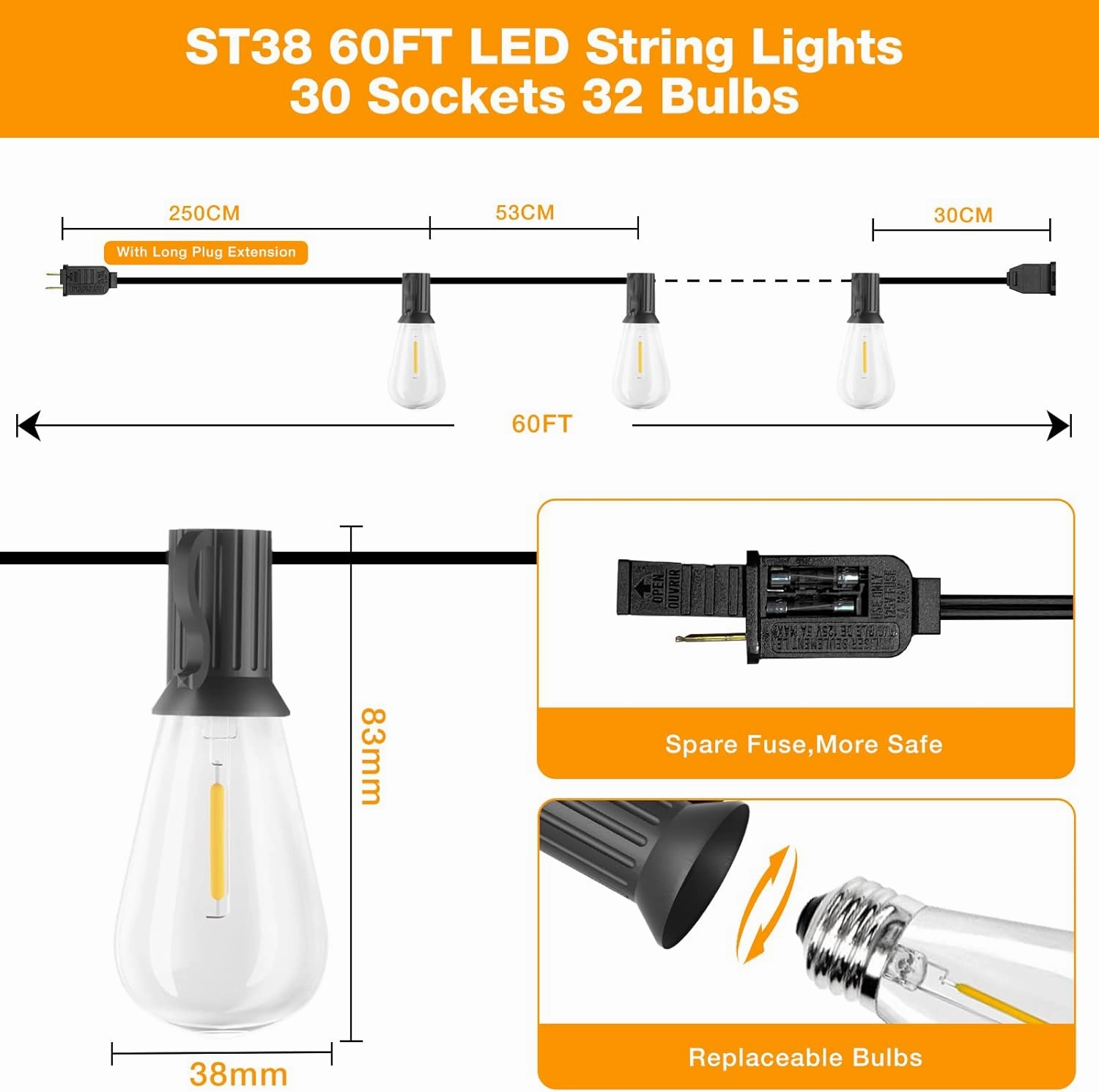 GLUROO 60FT LED Outdoor Patio Lights Waterproof with 30 2 Vintage Bulbs Shatterproof Energy Saving,2700K Hanging Edison String Lights Outside for Backyard,Bistro,Camping,Gazebo