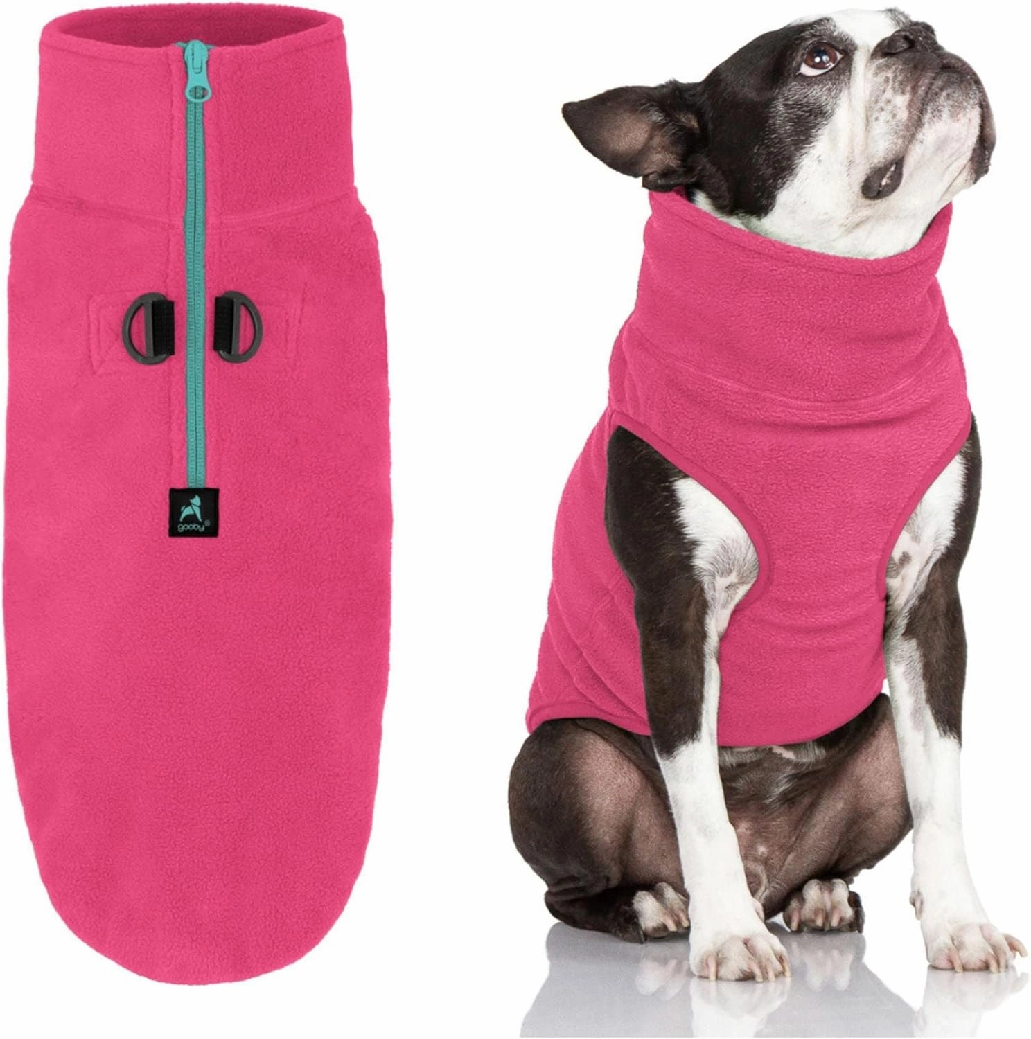 Gooby Half Zip Up Fleece Vest - Soft, Warm Dog Jacket with Dual D Ring Leash - Winter Small & Medium Dog Sweater - Pink, Large