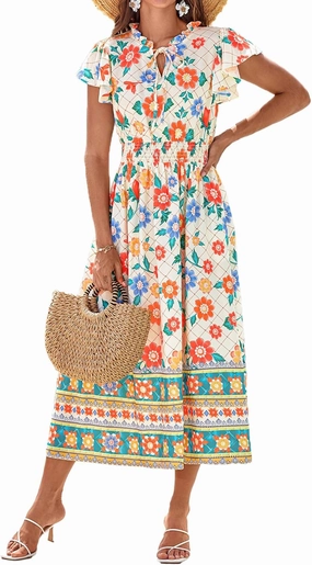GRACE KARIN Women's Floral Boho Dress Hawaiian Dresse Short Sleeve V Neck Summer Beach Wedding Guest Swing Maxi Sundress