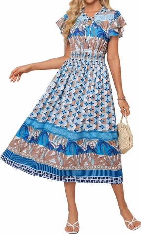 GRACE KARIN Women's Floral Boho Dress Hawaiian Dresse Short Sleeve V Neck Summer Beach Wedding Guest Swing Maxi Sundress