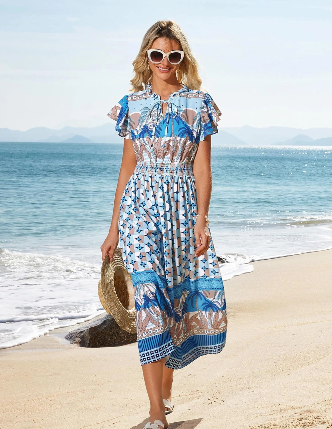 GRACE KARIN Women's Floral Boho Dress Hawaiian Dresse Short Sleeve V Neck Summer Beach Wedding Guest Swing Maxi Sundress