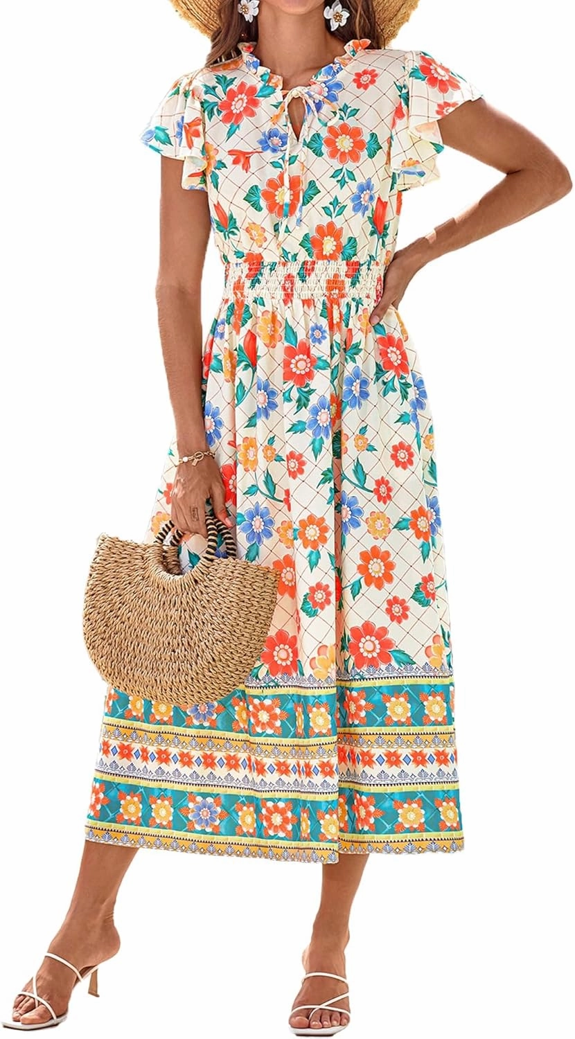 GRACE KARIN Women's Floral Boho Dress Hawaiian Dresse Short Sleeve V Neck Summer Beach Wedding Guest Swing Maxi Sundress
