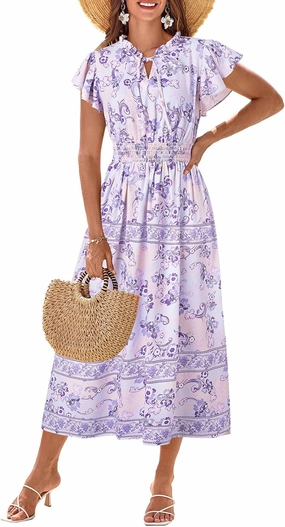GRACE KARIN Women's Floral Boho Dress Hawaiian Dresse Short Sleeve V Neck Summer Beach Wedding Guest Swing Maxi Sundress