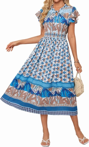 GRACE KARIN Women's Floral Boho Dress Hawaiian Dresse Short Sleeve V Neck Summer Beach Wedding Guest Swing Maxi Sundress