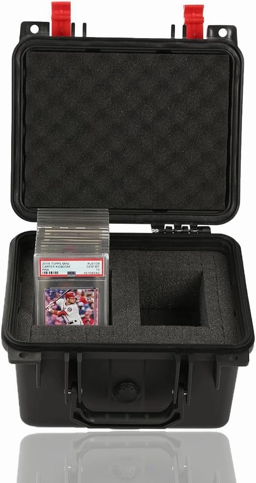 Graded Sports Trading Cards Weatherproof Case Impact Absorbing Foam Slots Graded Card Storage Box fits BGS PSA SGC FGS (Small, Black & Red)