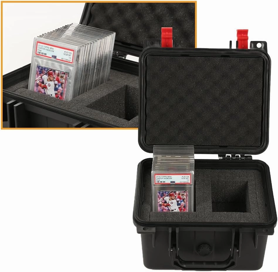 Graded Sports Trading Cards Weatherproof Case Impact Absorbing Foam Slots Graded Card Storage Box fits BGS PSA SGC FGS (Small, Black & Red)