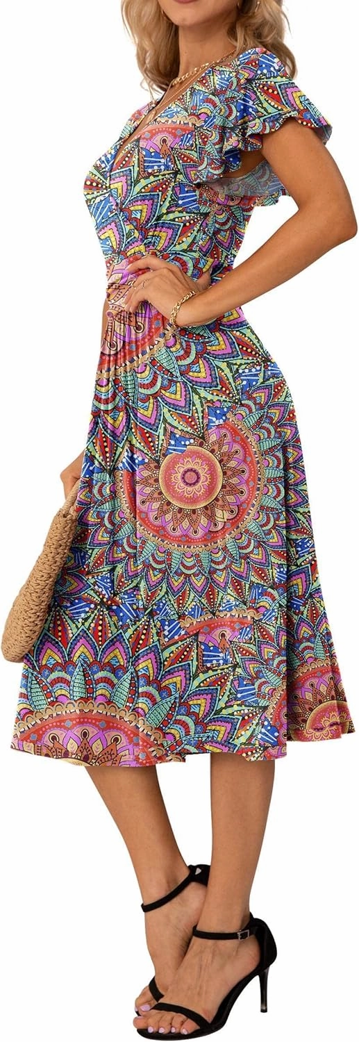 GRECERELLE Spring Summer Dress for Women Casual Ruffle Short Sleeve Wrap V-Neck Dress