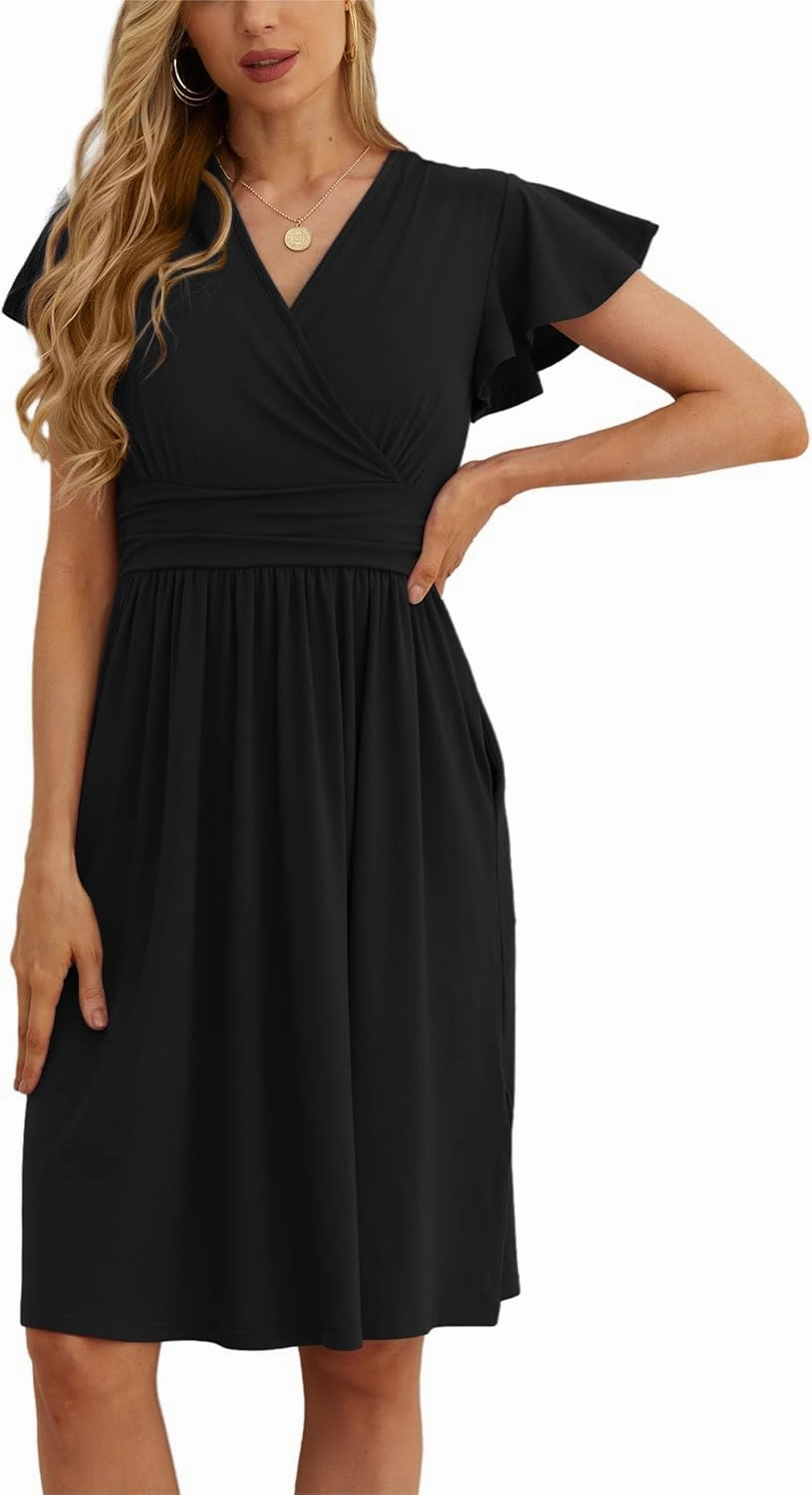 GRECERELLE Spring Summer Dress for Women Casual Ruffle Short Sleeve Wrap V-Neck Dress