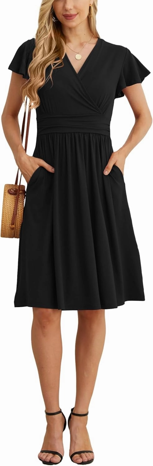 GRECERELLE Spring Summer Dress for Women Casual Ruffle Short Sleeve Wrap V-Neck Dress