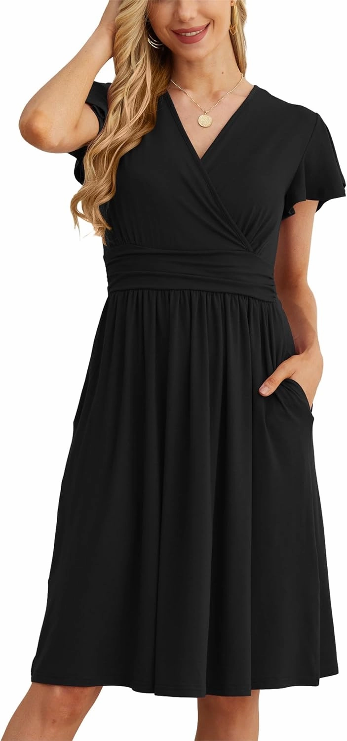 GRECERELLE Spring Summer Dress for Women Casual Ruffle Short Sleeve Wrap V-Neck Dress