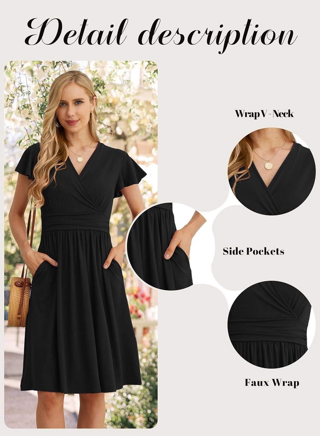 GRECERELLE Spring Summer Dress for Women Casual Ruffle Short Sleeve Wrap V-Neck Dress