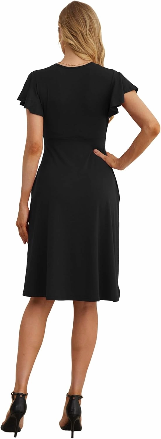 GRECERELLE Spring Summer Dress for Women Casual Ruffle Short Sleeve Wrap V-Neck Dress