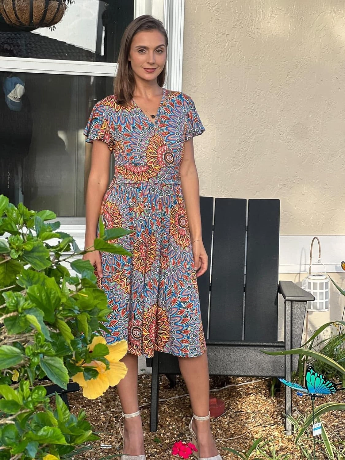 GRECERELLE Spring Summer Dress for Women Casual Ruffle Short Sleeve Wrap V-Neck Dress