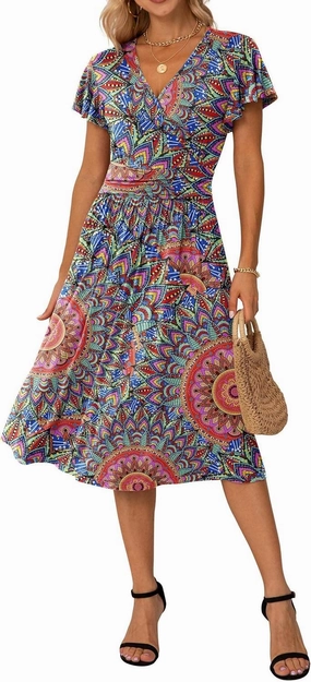 GRECERELLE Spring Summer Dress for Women Casual Ruffle Short Sleeve Wrap V-Neck Dress