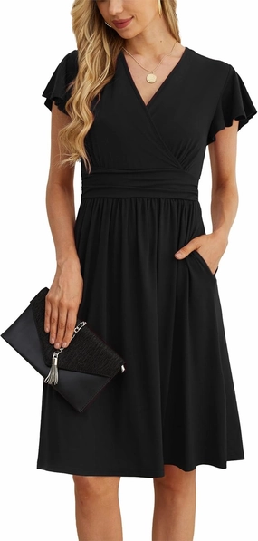GRECERELLE Spring Summer Dress for Women Casual Ruffle Short Sleeve Wrap V-Neck Dress