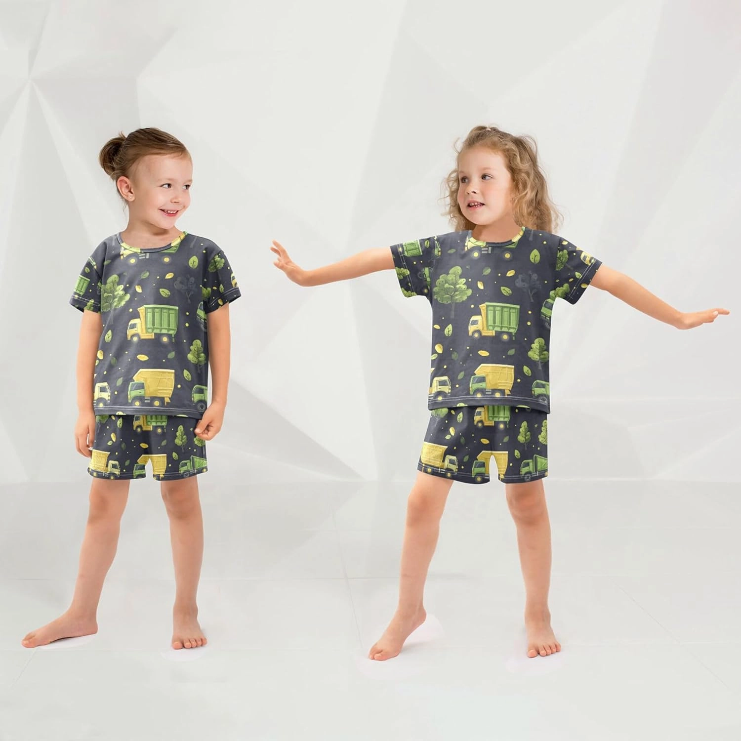 Green Garbage Trucks Summer Pajamas Short Set 2 Piece Sleepwear