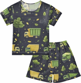Green Garbage Trucks Summer Pajamas Short Set 2 Piece Sleepwear