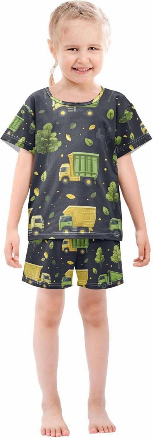 Green Garbage Trucks Summer Pajamas Short Set 2 Piece Sleepwear