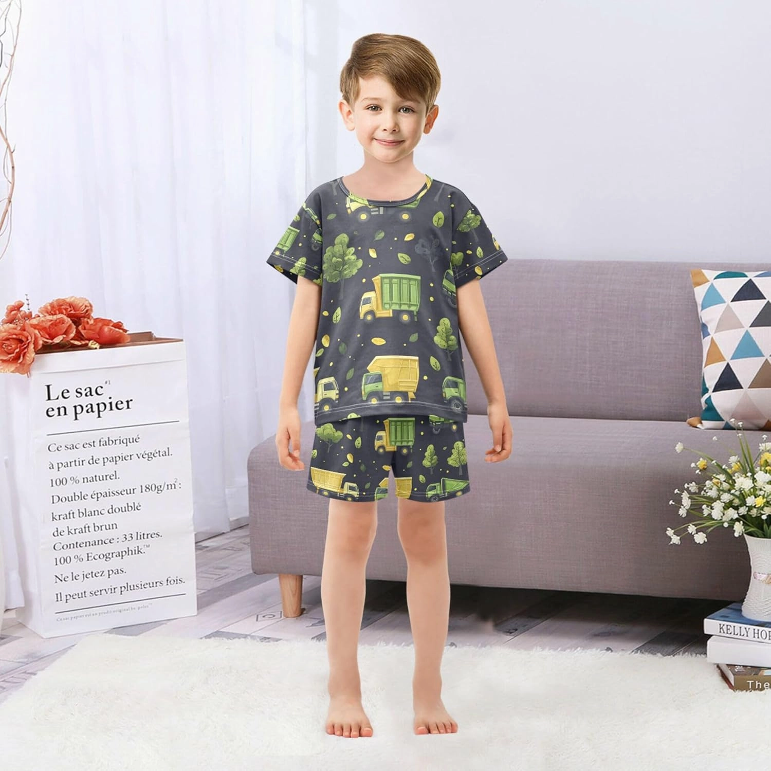 Green Garbage Trucks Summer Pajamas Short Set 2 Piece Sleepwear