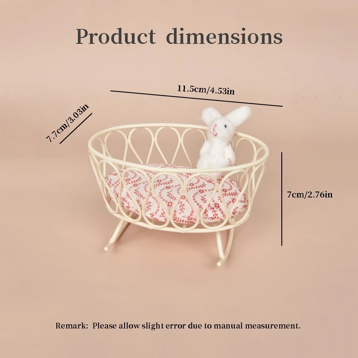 Handcrafted Iron Cradle Dollhouse Accessory with Twisted Stick Bunny – Miniature Rocking Bassinet with Floral Cushion – Perfect for Baby Dolls and Collectibles (White)