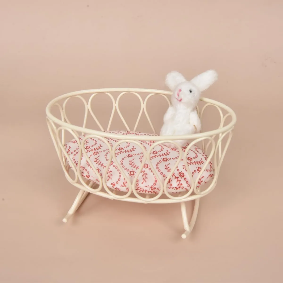 Handcrafted Iron Cradle Dollhouse Accessory with Twisted Stick Bunny – Miniature Rocking Bassinet with Floral Cushion – Perfect for Baby Dolls and Collectibles (White)