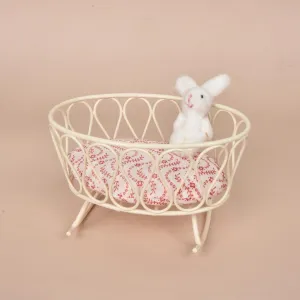 Handcrafted Iron Cradle Dollhouse Accessory with Twisted Stick Bunny – Miniature Rocking Bassinet with Floral Cushion – Perfect for Baby Dolls and Collectibles (White)
