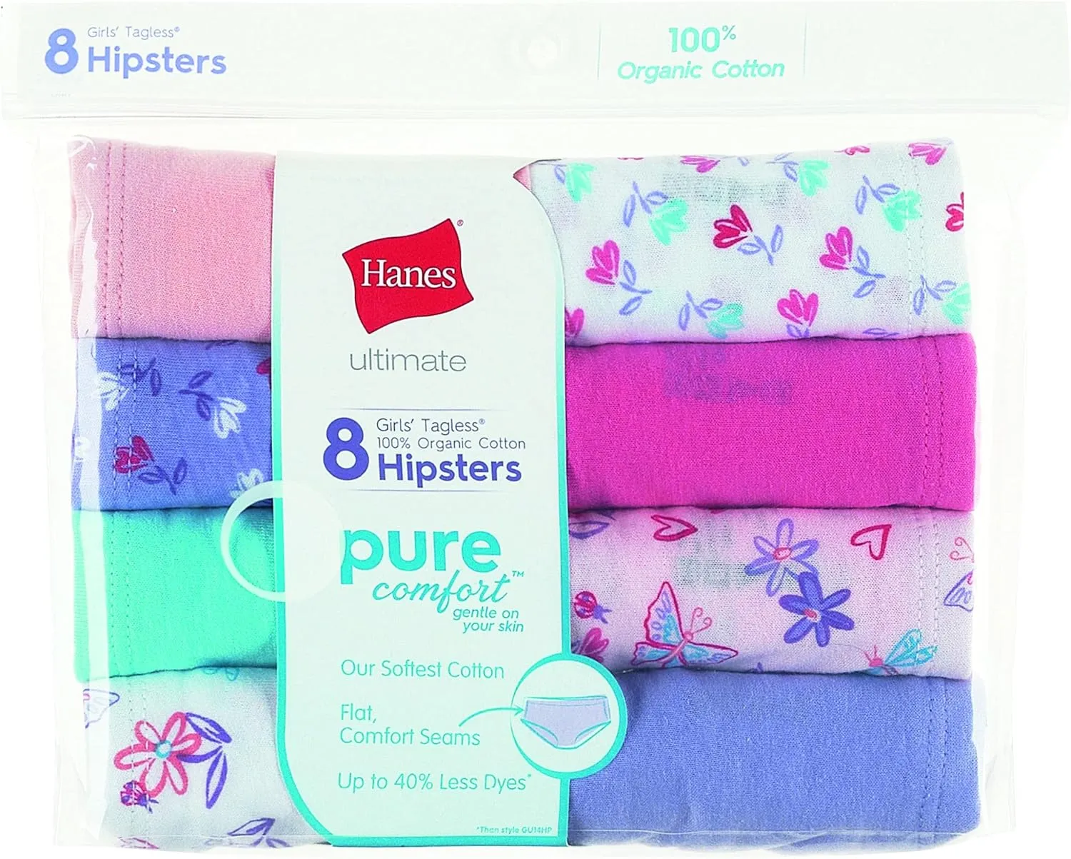 Hanes Ultimate Girls' Underwear, Pure Comfort Organic 100% Cotton Panties, Briefs & Hipsters, 8-Pack