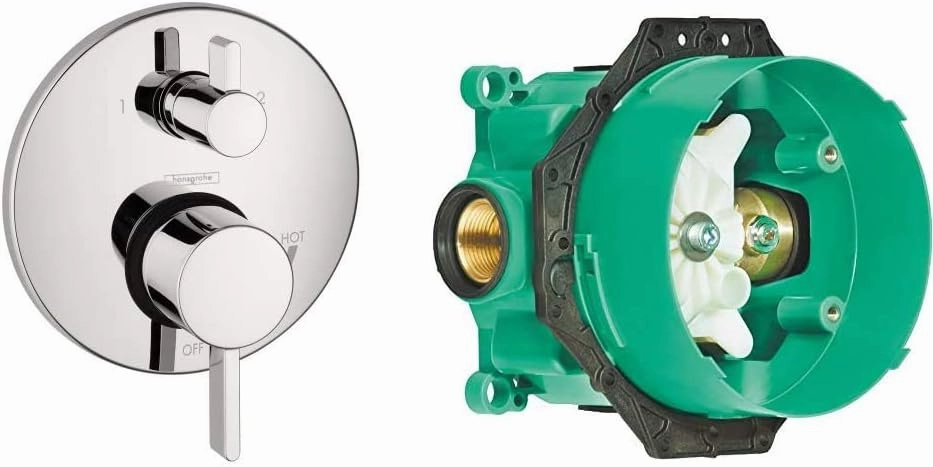 hansgrohe Ecostat Modern Premium Easy Control 2-Handle 7-inch Wide Pressure Balance with Diverter in Chrome, 04447000 with iBox Universal Leak Preventing Valve Rough-in with Service Stop
