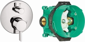 hansgrohe Ecostat Modern Premium Easy Control 2-Handle 7-inch Wide Pressure Balance with Diverter in Chrome, 04447000 with iBox Universal Leak Preventing Valve Rough-in with Service Stop