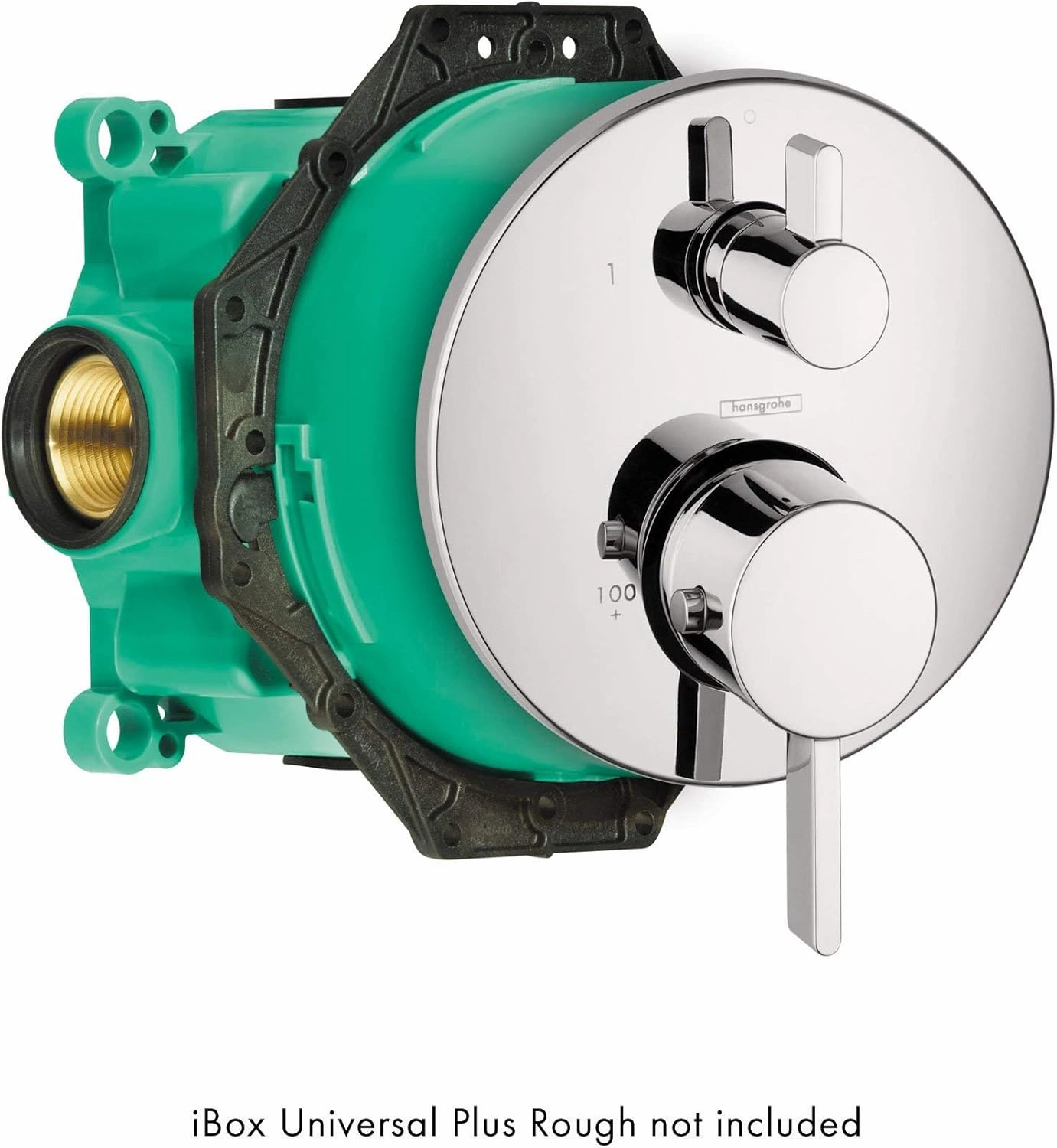 hansgrohe Ecostat Modern Premium Easy Control 2-Handle 7-inch Wide Pressure Balance with Diverter in Chrome, 04447000 with iBox Universal Leak Preventing Valve Rough-in with Service Stop