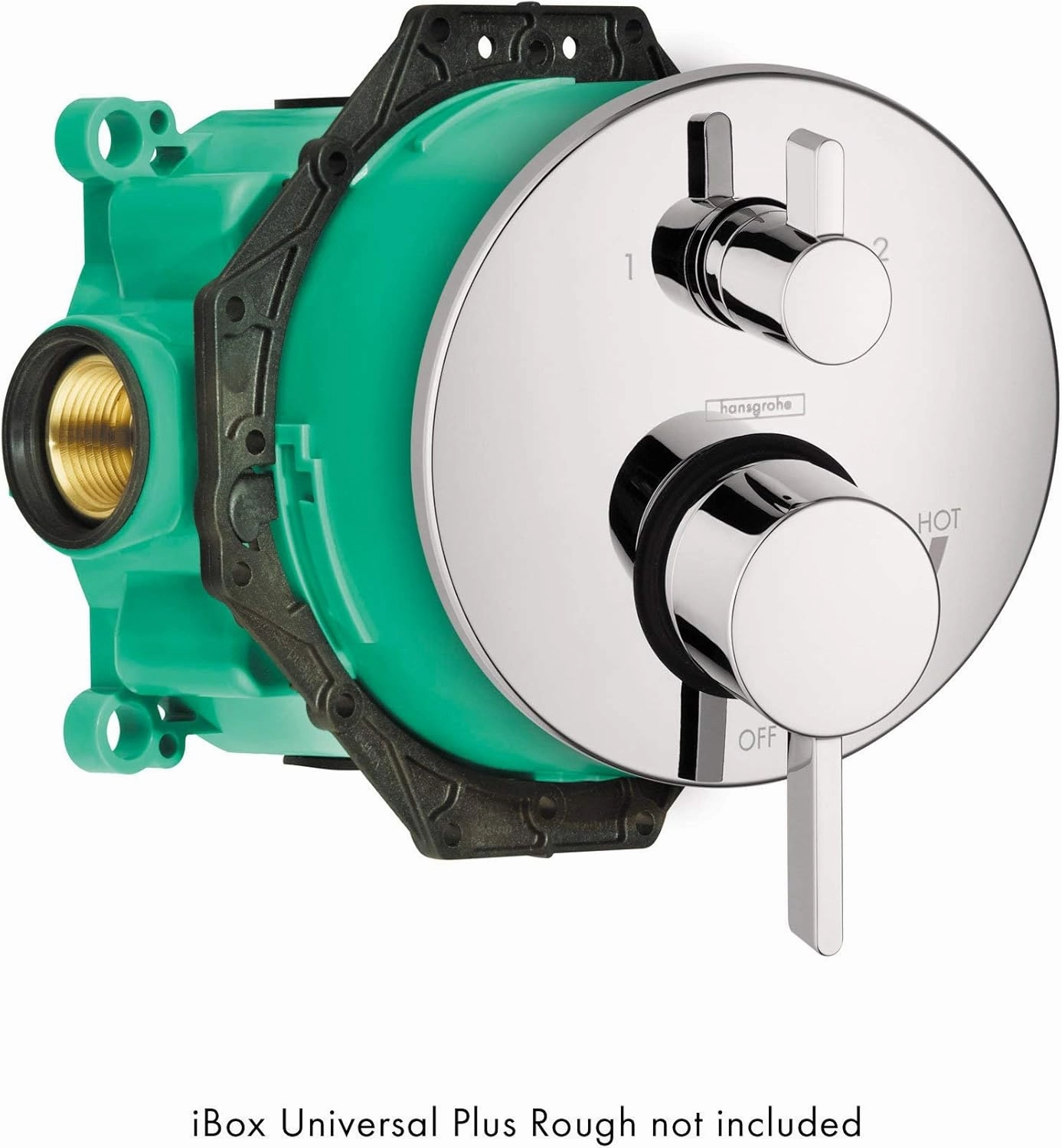 hansgrohe Ecostat Modern Premium Easy Control 2-Handle 7-inch Wide Pressure Balance with Diverter in Chrome, 04447000 with iBox Universal Leak Preventing Valve Rough-in with Service Stop