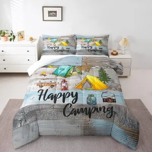 Happy Camping Bedding Comforter Sets for Boys Kids Camper Decor Comforter Set, Vintage Old Barn Door Bedding Girls Cowboys Wooden Western Rustic Farmhouse Style Down Comforter Twin Size 2 Pcs
